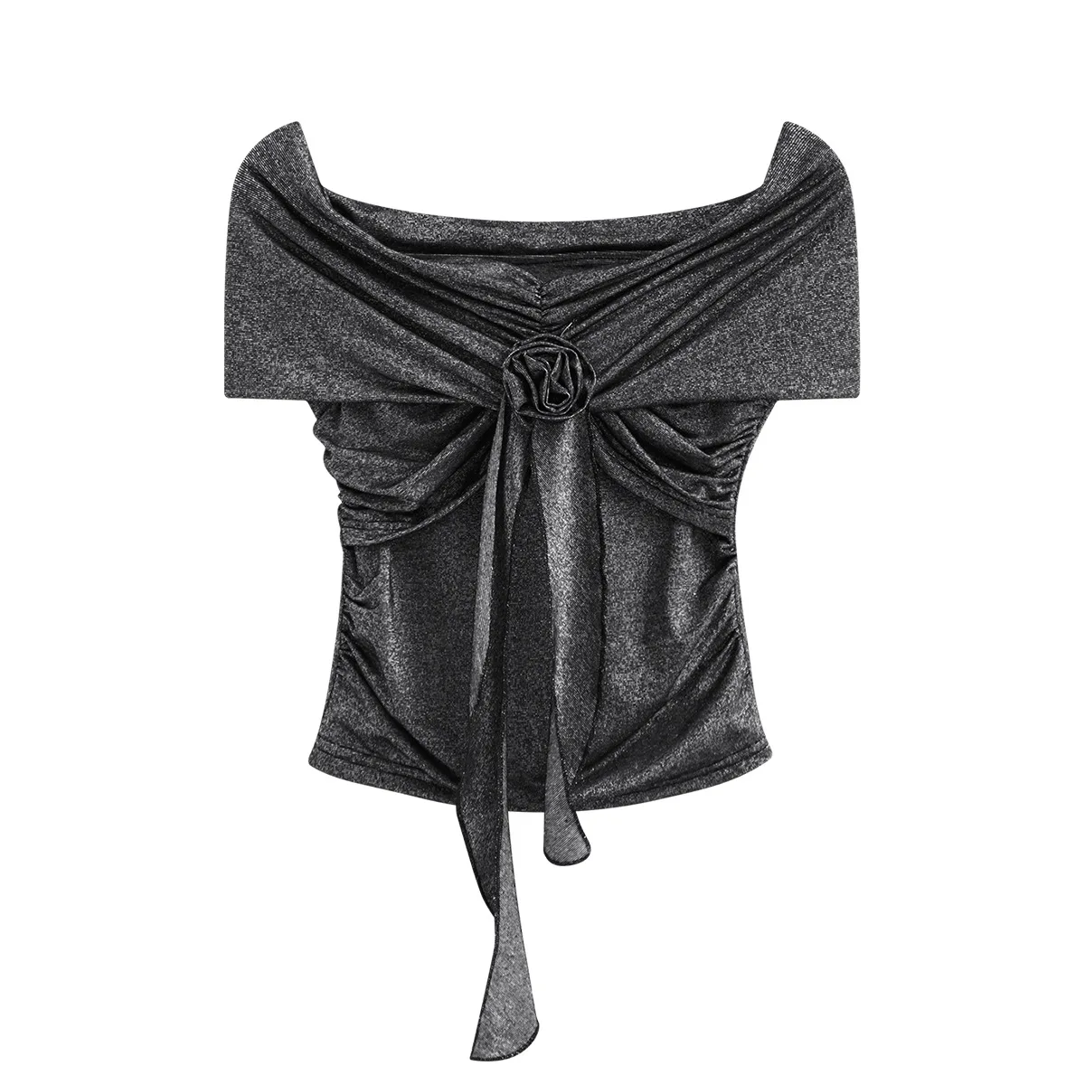 

One-shoulder top for women's small summer new three-dimensional rose off-shoulder short slim fit T-shirt