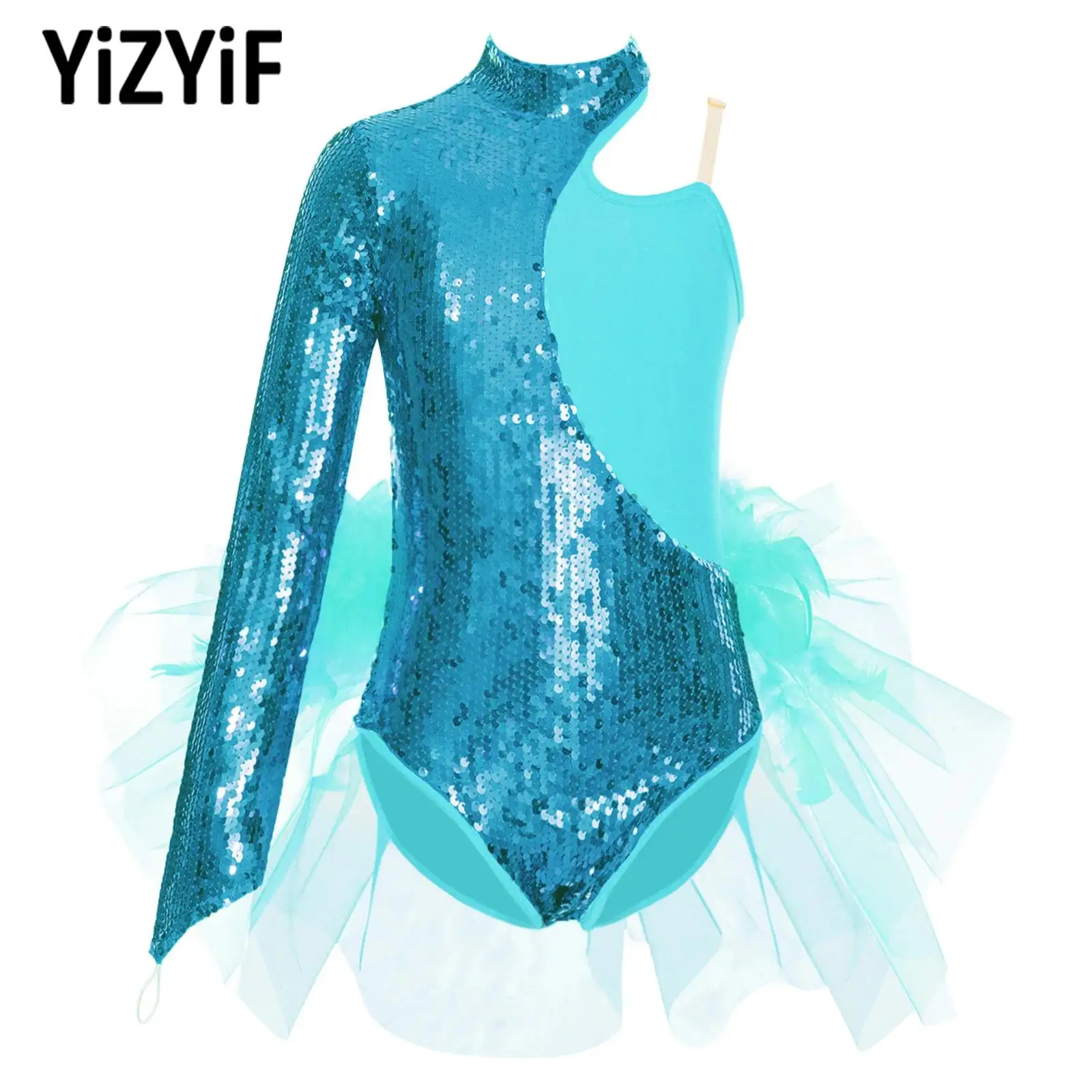 

Children Girls Sparkly Sequins Ballet Modern Dance Long Sleeve Bodysuits Leotard Dance Figure Skating Stage Performance Costumes