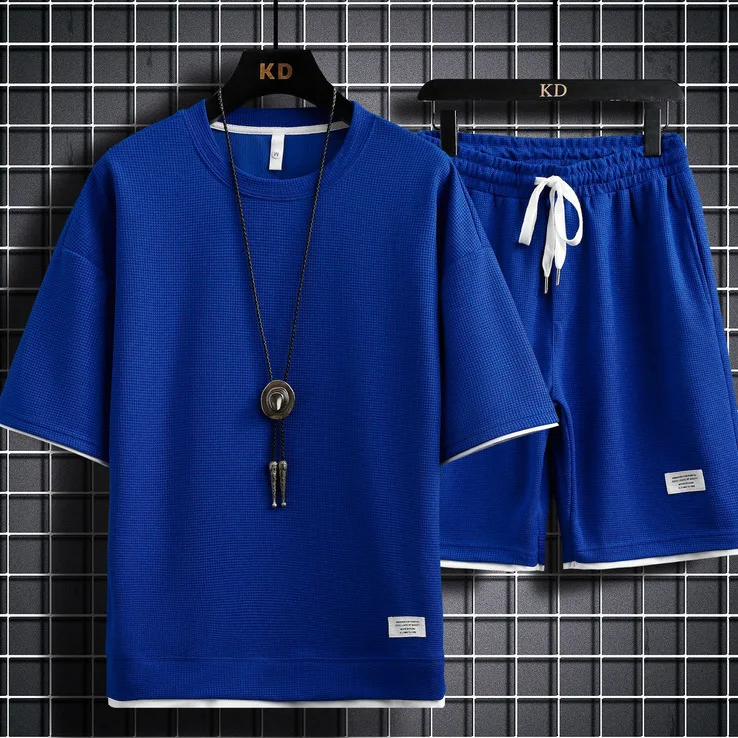 

Mens Summer Casual Short Sleeve Shorts Set Hong Kong Style Loose Fit Athletic Sportswear Two Piece Outfit Vacation Beachwear