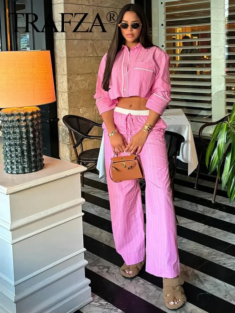 TRAFZA 2024 Female Street Fashion Pink Stripe Pant Suit Long Sleeves Lapel Cropped Blouse+Drawstring Patchwork Wide Leg Pants