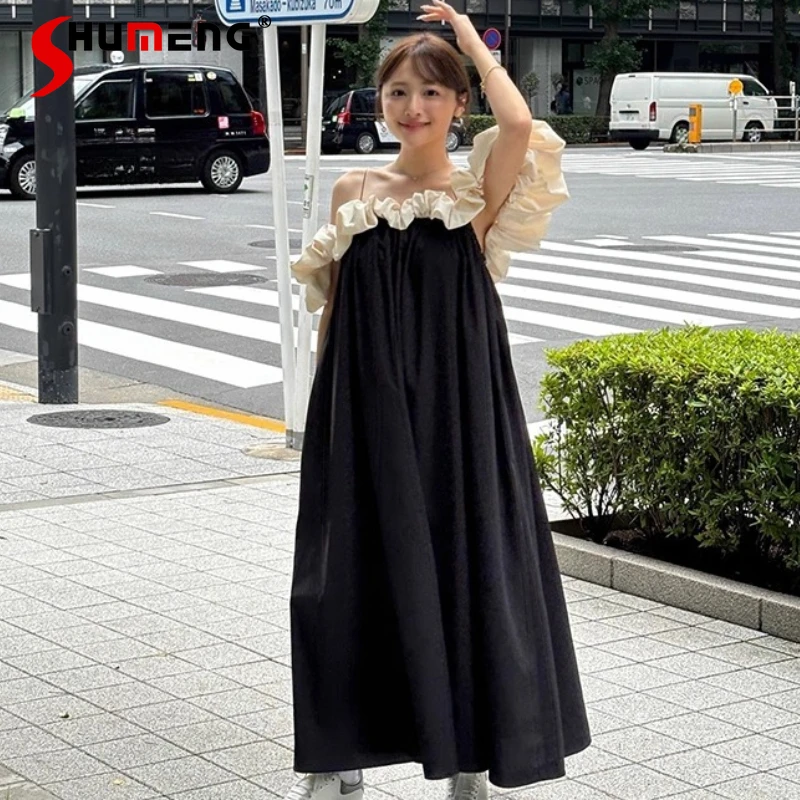 

Japanese Sweet Off-Shoulder Puff Sleeve Ruffled Long Dress 2025 Women's Loose Slimming Fashion Casual Fairy Dress Vacation Dress