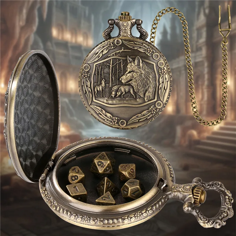 Wolf Pocket Watch Dice, Dnd Dice, 7pcs Metal Dice Wolf Pendant Chain 7pcs/set Metal Polyhedral Dice for Role Play Gaming Dices