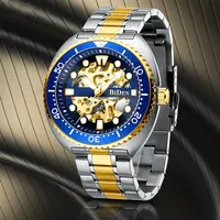 BIDEN Round Gold Skeleton Automatic Men's Watch Carving Movement Night Light Mobile Phone Equipment Watch Luxury Stainless Steel