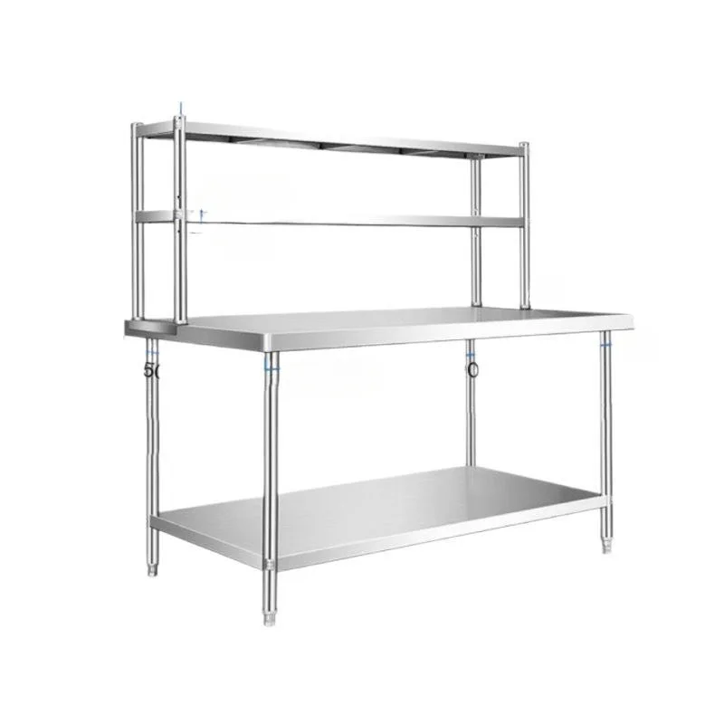 Stainless steel workbench Double table Vegetable cutting seasoning table with vertical rack Rear kitchen Operating table