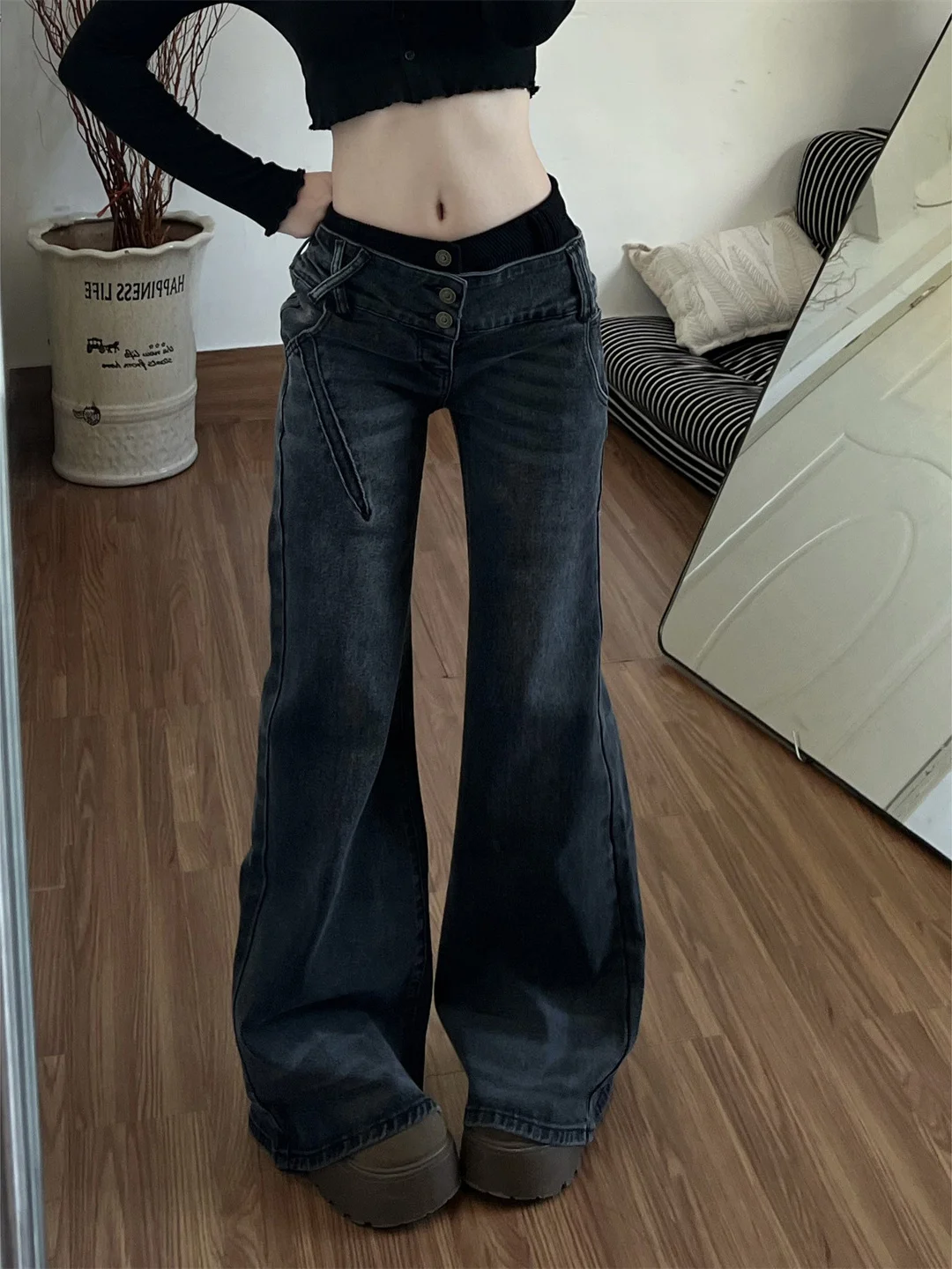 

American Style Spicy Girl Low Waist Patchwork Bell Bottom Denim Jeans Women's Autumn Winter Loose Slimming Design Wide Leg Pants