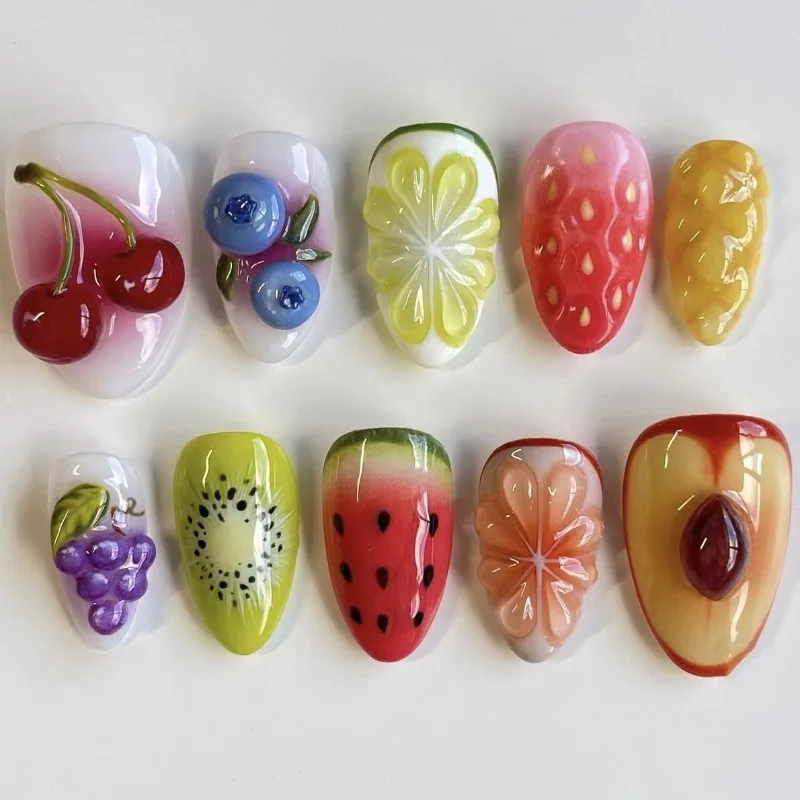 30 faux ongles colorés aux tons fruités, ultra-courts, en forme d'amande, style été, à presser, parfaits comme cadeau pour les filles et les amies