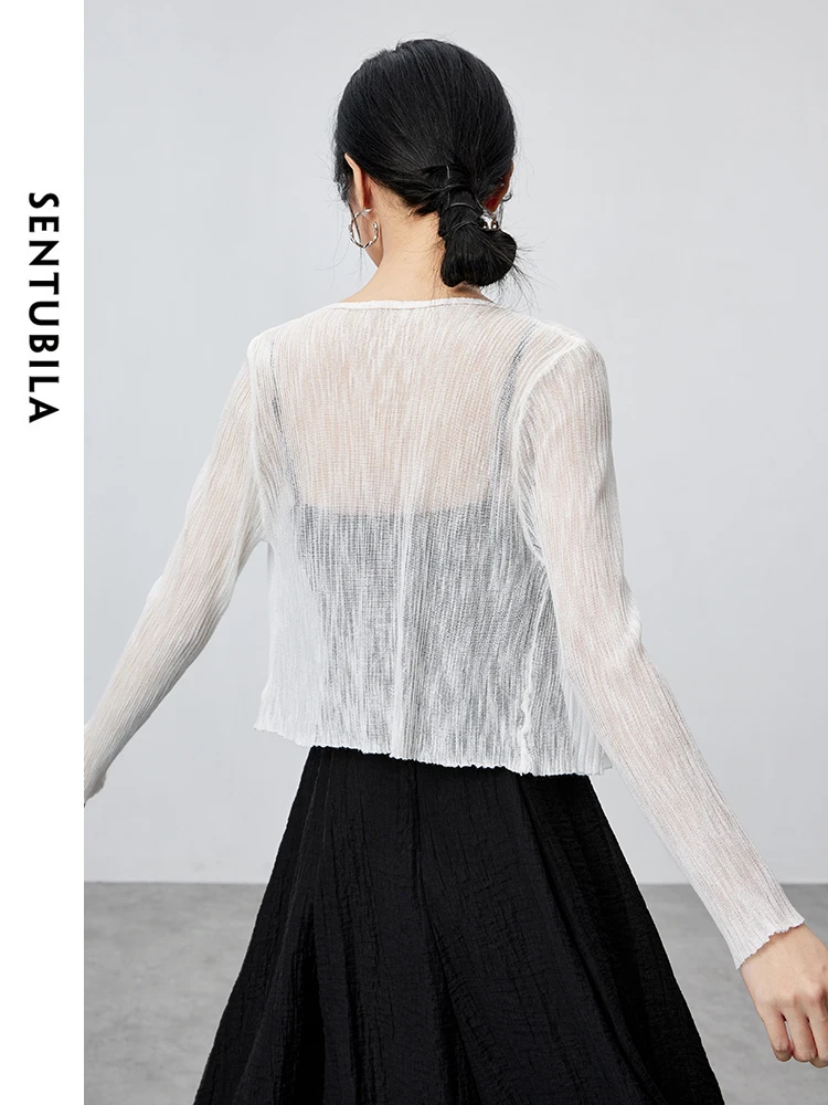 SENTUBILA V-neck Casual Cropped Knitted Cardigan 2024 Summer Straight Single Breasted Solid Long Sleeve Tops Clothing W42H55364