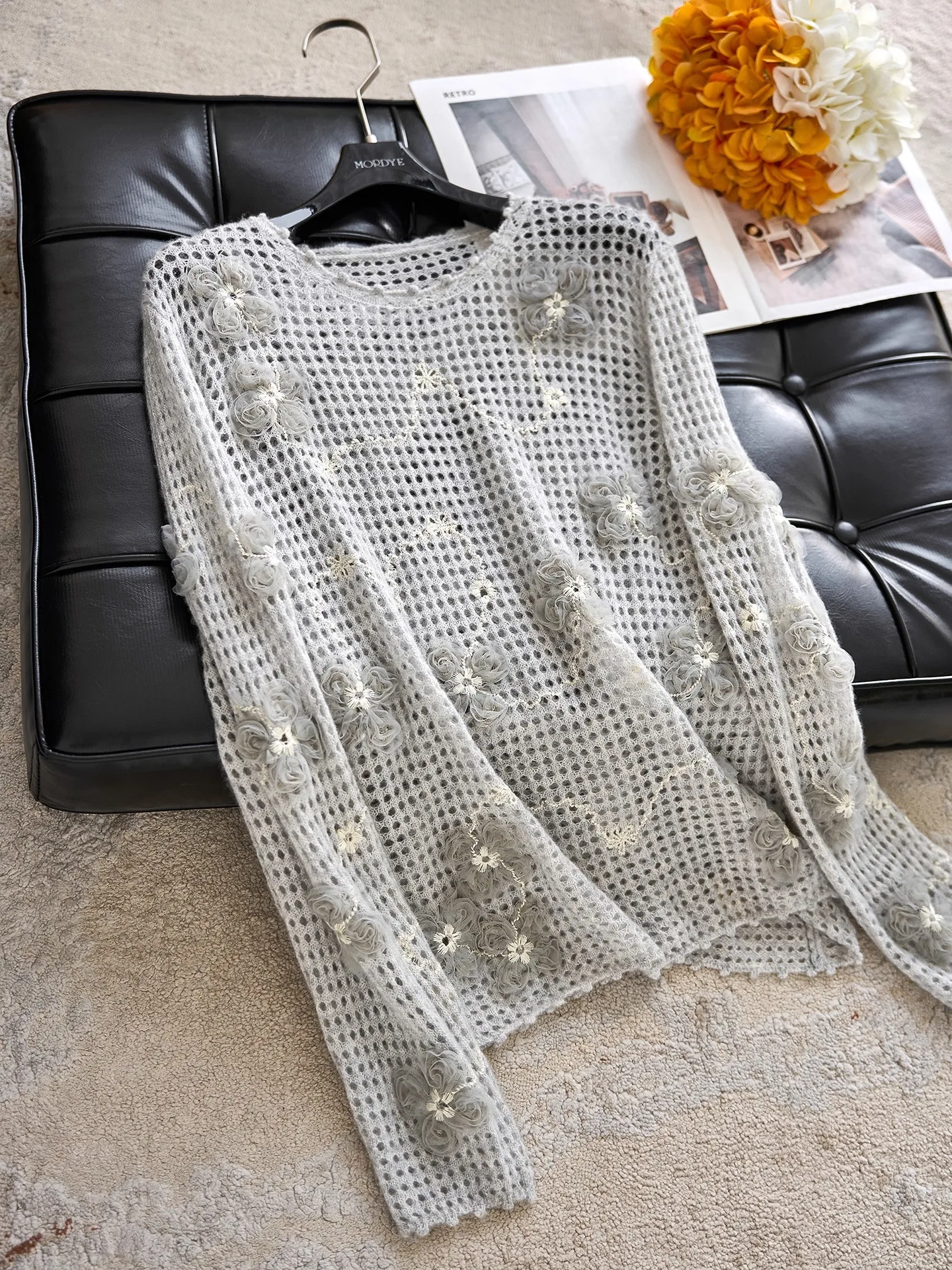 

Элегантный мягкий вязаный топ из 100% кашемира с 3D-вышивкой цветов ручной работы, ажурным дизайном, в повседневном стиле, стандартный крой, длинный рукав.