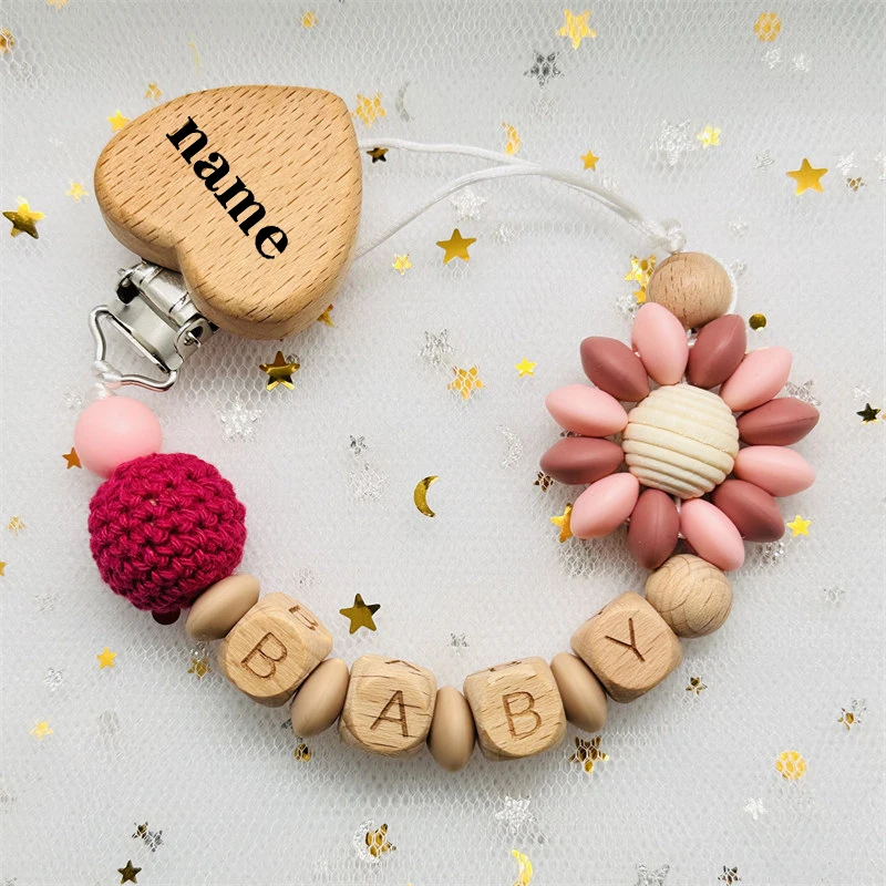 Custom Name Silicone Beads Wooden Ring Pacifier Clips Safe Teething Chains Baby Teether Eco-friendly Dummy Beech Clips Holder