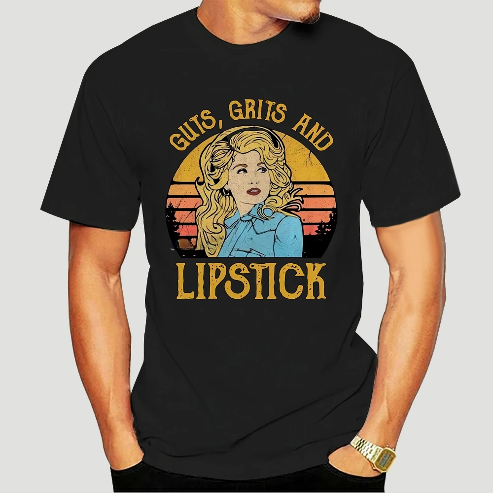 Harajuku Cheavyweight streetwear anime Dolly Parton Guts Grits And Lipstick Vintage Men Makeup Shirt Men Cotton Tees  streetwear