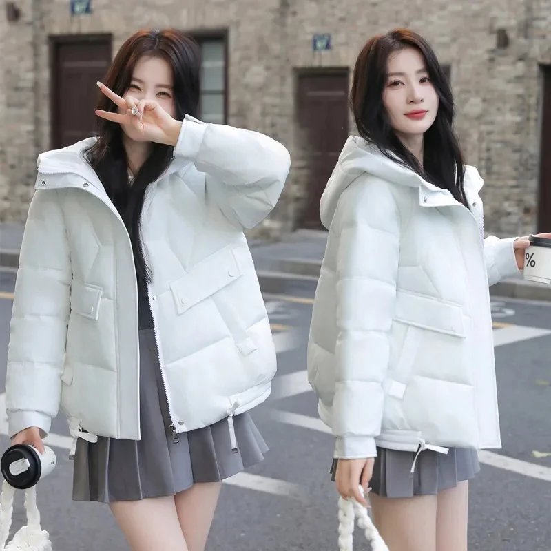 Moda coreana feminina casacos inchados, simples sólidos e soltos Parkas curtos, grosso e quente com capuz algodão acolchoado feminino para baixo, novo, inverno, 2022