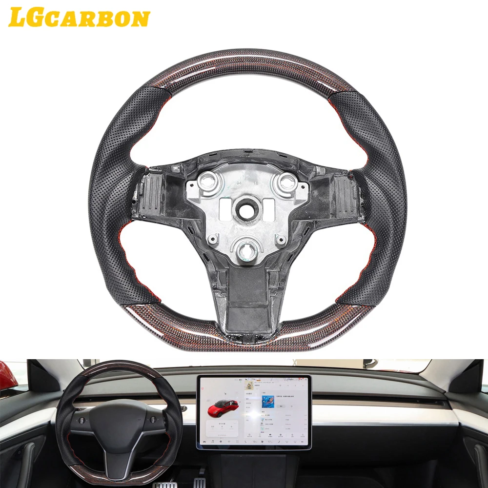 LGcarbon Glossy Red Line Carbon Fiber and Perforated Black Leather Steering Wheel for Tesla Model 3 Y