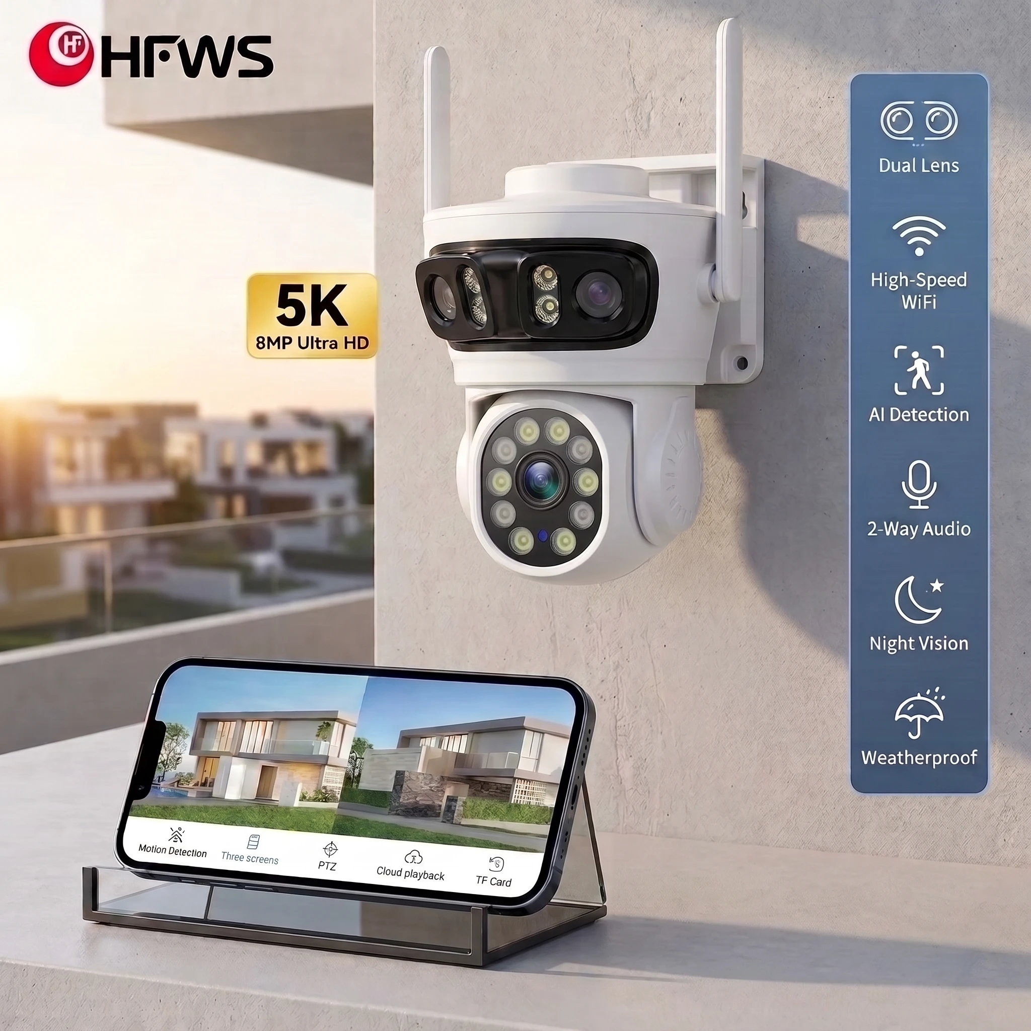 HFWVISION 9MP Wifi Camera Auto Tracking Three Screens 5X Digital Zoom PTZ Security Protection CCTV Surveillance O-Kam Pro