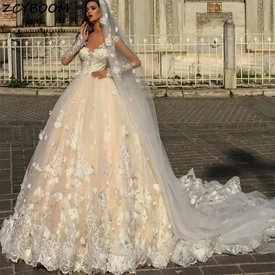 

Customized Gorgeous 3D Flowers Appliques A Line Wedding Dresses 2025 Buttons Illusion Backless Court Train Bridal Gown For Women