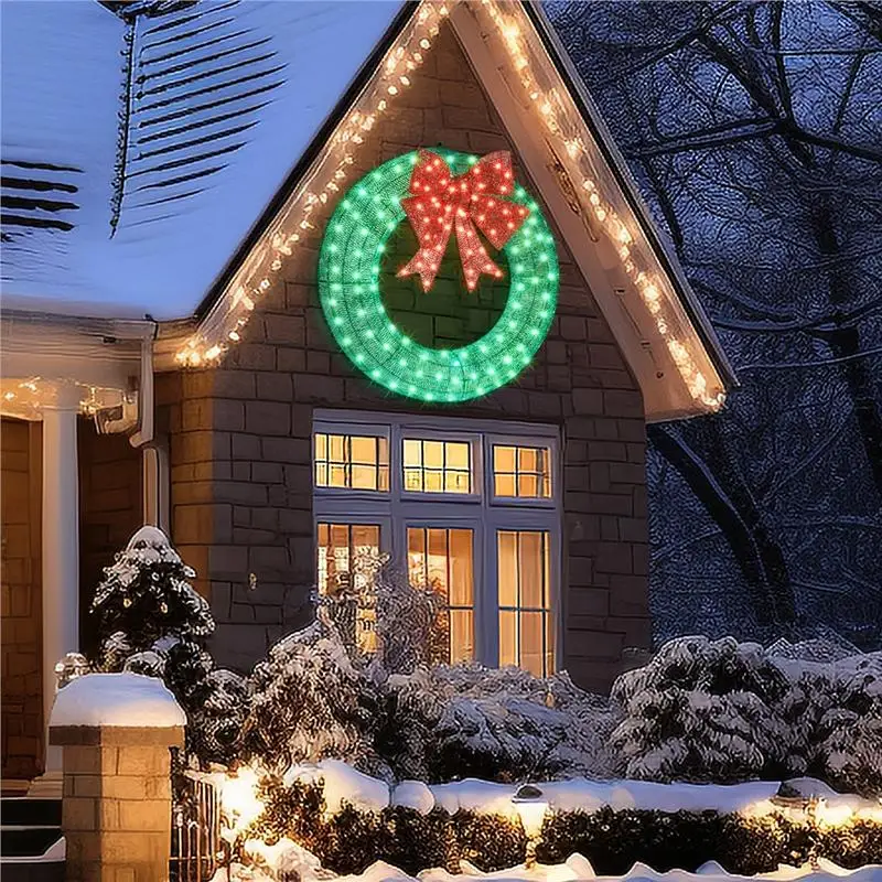 

48in Large Wreath, Pre-Lit Outdoor Wreath Decoration/ 140 Lights, Bow, LED Metal Holiday Decor Wall Ho