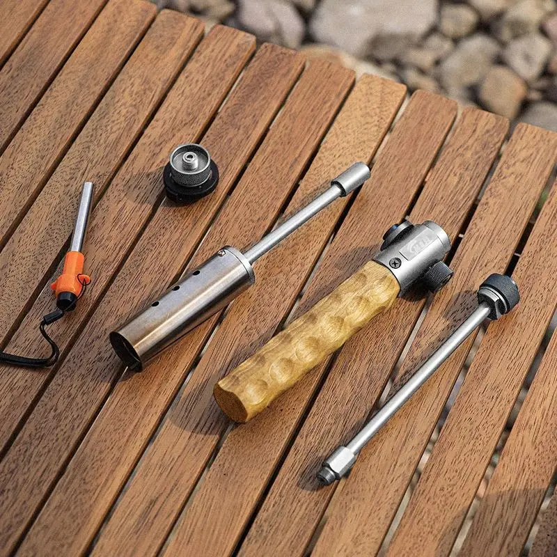 

Wood Handle Removable Three-stage Gas Burner Outdoor Camping Torch Cooking Bbq Igniter Cassette Gas Tank Highpower Flame Gun