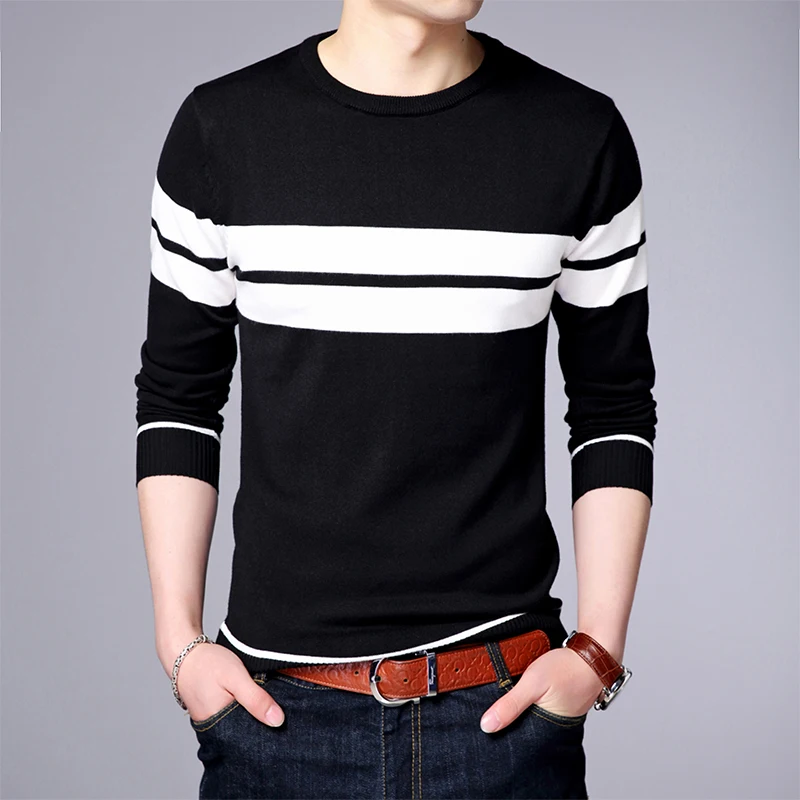 Men\'s Casual Striped Knit Spring and Autumn Long Sleeved Pullover Fashion Top