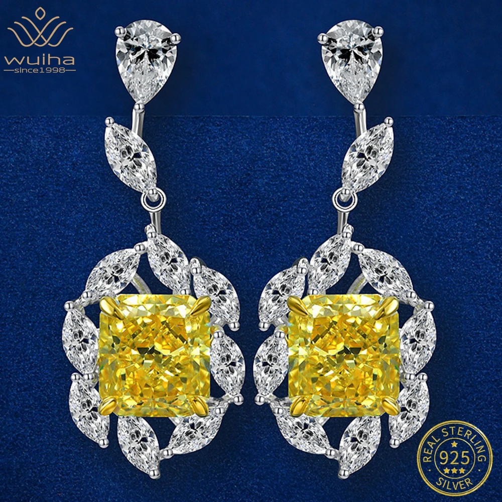 

WUIHA Real 925 Sterling Silver Crushed Ice 8CT Yellow Sapphire Synthetic Moissanite Drop Earrings for Women Gift Drop Shipping