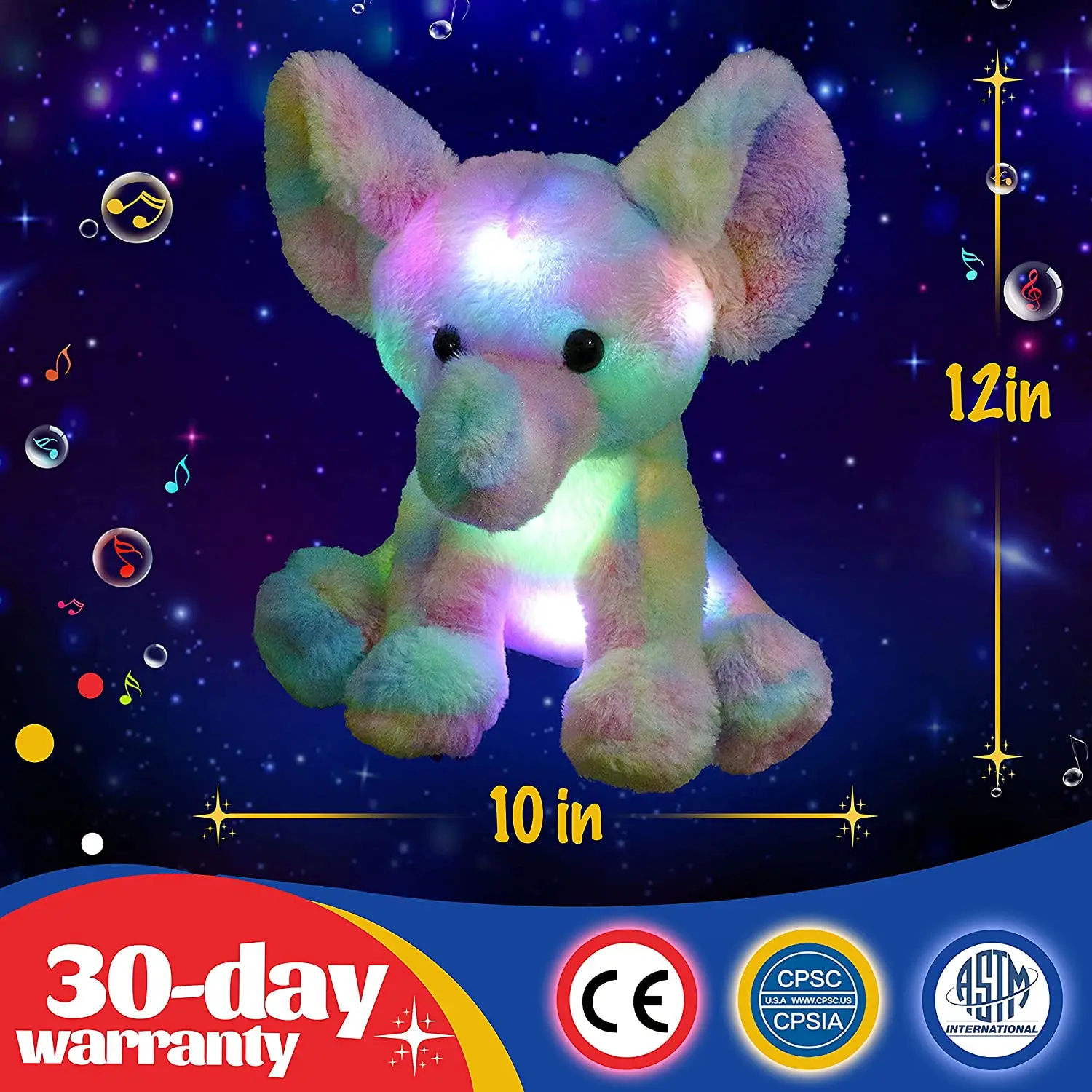 20-60cm Kawaii Luminous Stuffed Animal Rainbow Elephant Glow Plush Toys with LED Night Music Lights Lullabies Gifts for Kids