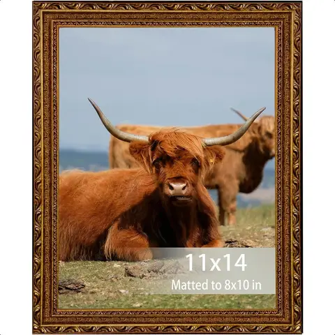11x14 Picture Frame Gold  Wood Baroque Design for Wall Hanging Antique Ornate Photo Frame Fits 8x10 with Mat for Wall Art and P