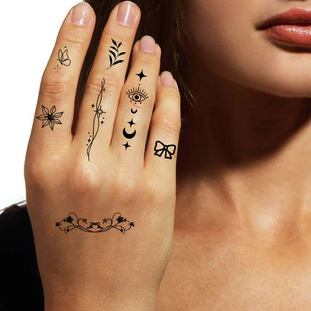 10 قطعة ملصقات وشم الإصبع مقاوم للماء زهرة ورقة القمر نمط الوشم المؤقت أسود صغير الحناء وهمية الوشم لليد