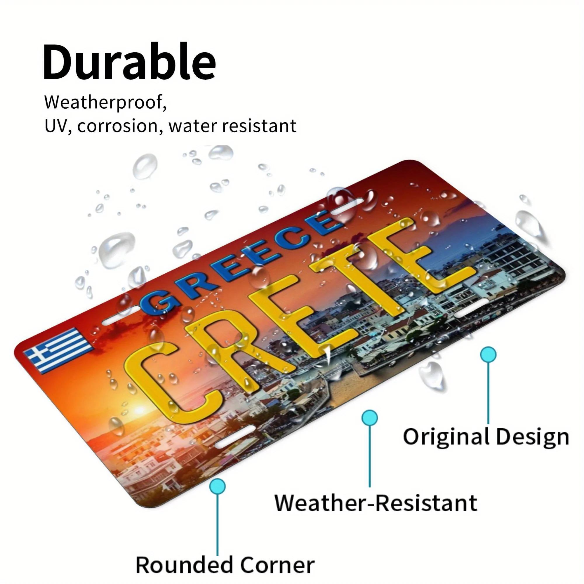لوحة ترخيص ألومنيوم مخصصة مزخرفة، مشهد جميل للمدنى الساحلية في كريت، مزينة بألواح الترخيص اليونانية