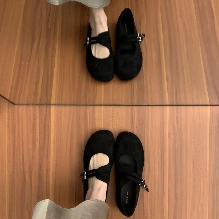 حذاء نسائي بدون كعب مسطح برأس مستدير من جلد الغزال للربيع والخريف بإبزيم أنيق كاجوال ناعم ومريح بكعب منخفض. #4