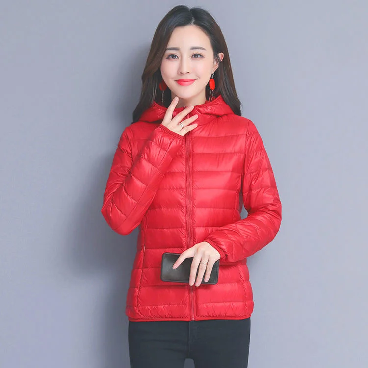 Jaket Musim Dingin Wanita Ultralight Tipis Bawah Putih Bebek Bawah Jaket Berkerudung Lengan Panjang Mantel Hangat Parka Perempuan Pakaian Luar Portabel