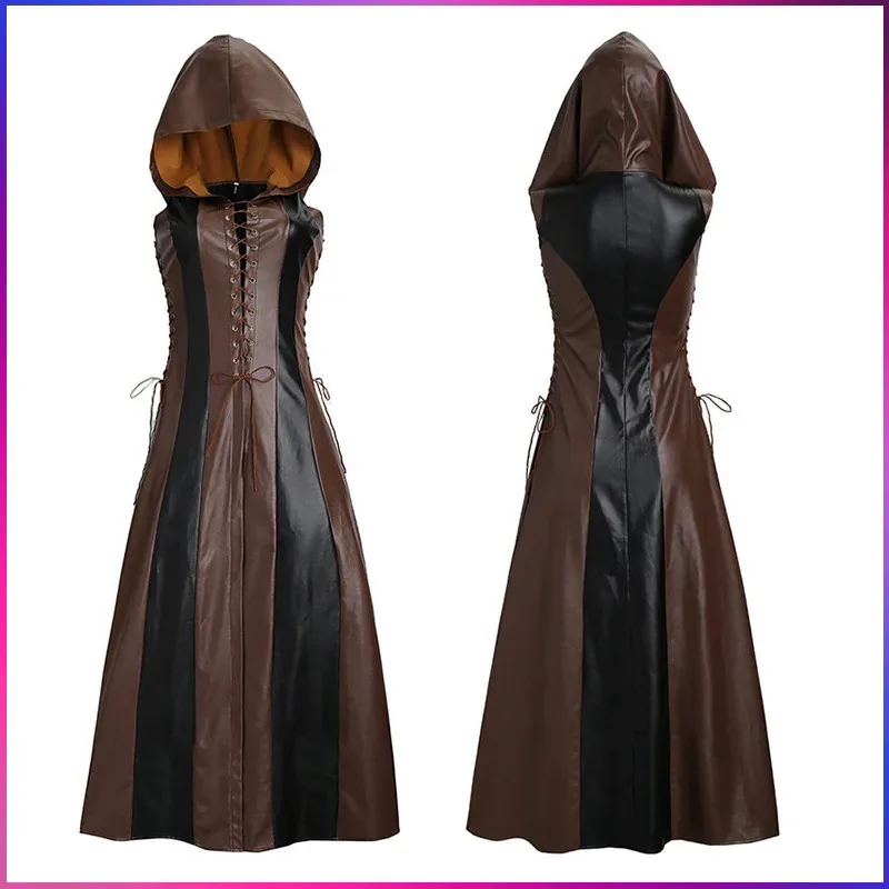 

DY20Средневековое платье женское сексуальное кожаное платье на шнуровке с капюшоном для взрослых рейнджер одежда для косплея средневековые костюмы на Хэллоуин25