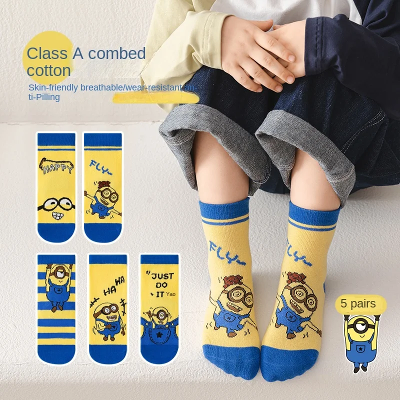 5 Pairs Minions Cotton Kids Anti-Slip Boat Socks Floor Anime Cartoon Comfort Warm Casual Baby Boys Girls Socks for 1-12Years