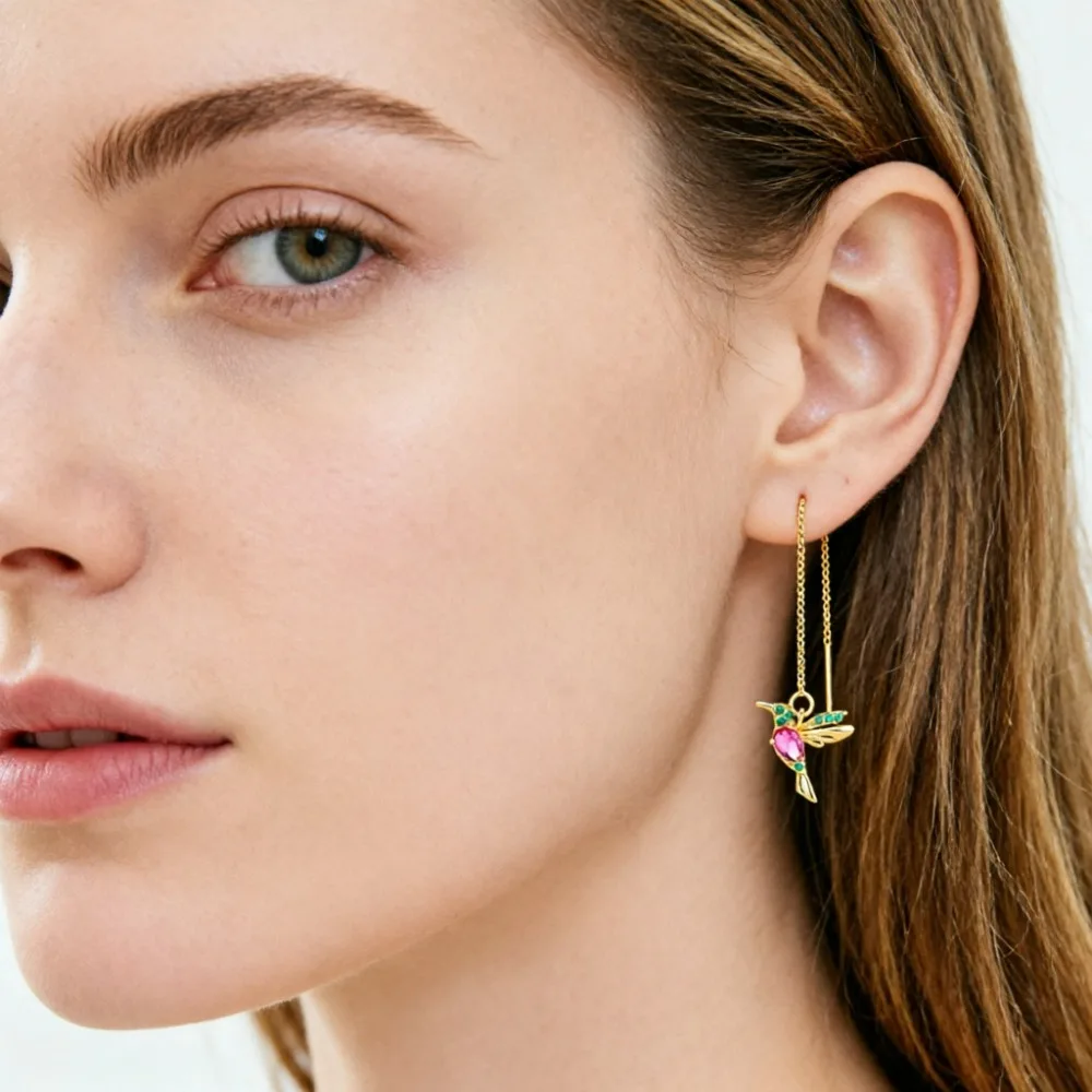 New Hummingbird Red CZ Long Earrings for Women Gold Color Metal Green Stone Red CZ Wing Spreading Drop Earring Party Jewelry