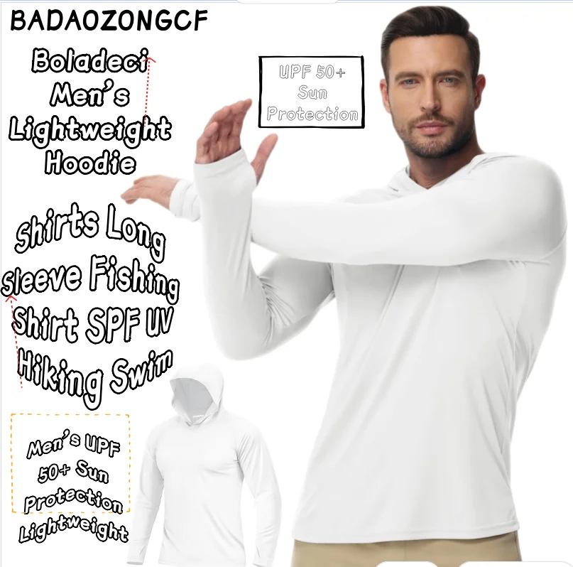 Boladeci Men's UPF 50+ Sun Protection Lightweight Hoodie Shirts Long Sleeve Fishing Shirt SPF UV Hiking Swim