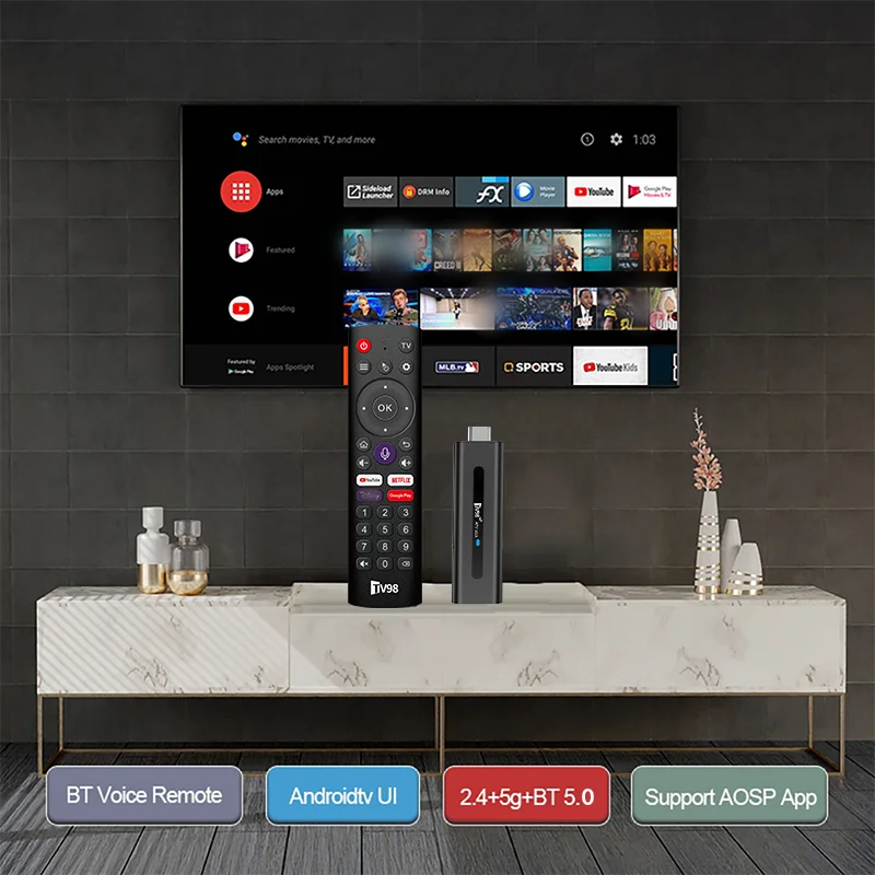 TV98 ATV 8K Smart TV Stick Android 14 ATV Allwinner H313 2.4G 5G Wifi Support OTA 4K Player BT5.0 2GB 16GB Voice remote TV Box