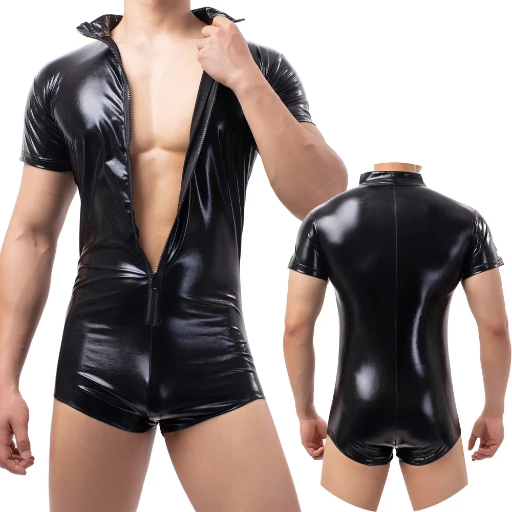 Mens Patent Leather Bodysuit Sexy Front Zipper Leotard Nightclub Stage Jumpsuit Wrestling Singlet Faux Leather Dance Clubwear