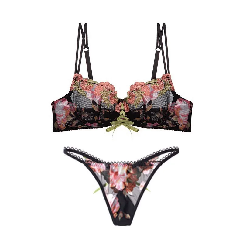 Ultra-thin mesh lace lingerie floral transparent underwear with a steel ring to gather the upper bra set