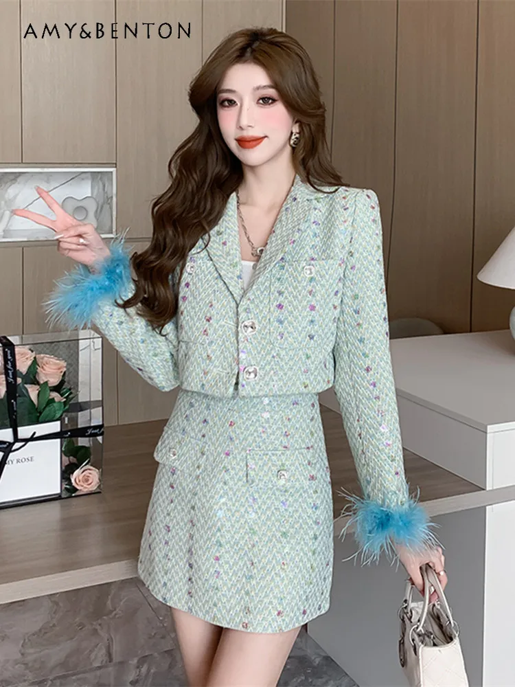 Spring Autumn New French Socialite High-Grade Single-Breasted Woolen Coat Mini Skirt Two-Piece Set Sweet Graceful Slim Outfits