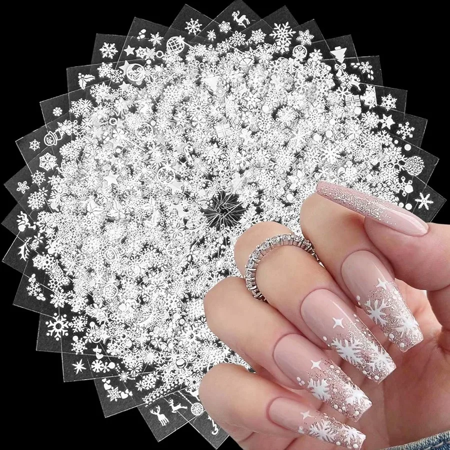 30 hojas de pegatinas para uñas con copos de nieve para la temporada navideña: diseños autoadhesivos 3D para decoración de uñas con muñecos de nieve y alces blancos