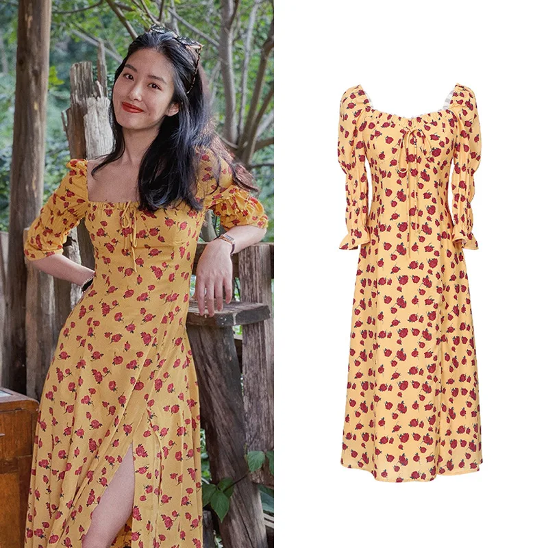 

Red Rose Print Yellow Dress for Women Boho 2022 Summer Dress Beach Holiday Puff Sleeve Sexy High Side Slit Midi Dress Vestidos