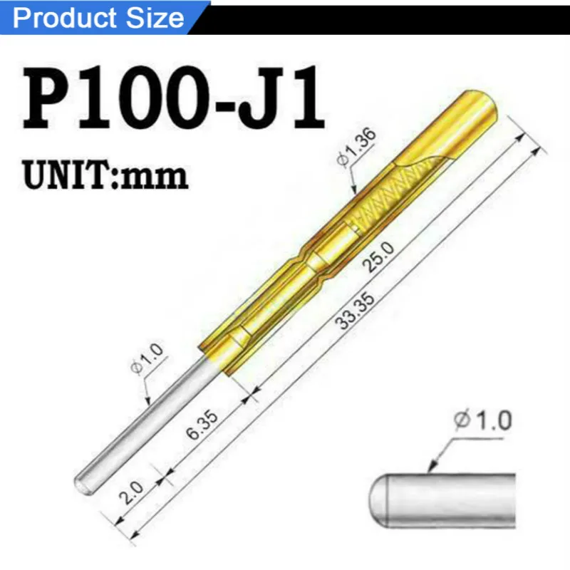 100個P100-J1小さな丸頭スプリングテストプローブpogoピン外径1.36mm針の長さ33.35mm回路基板テスト用