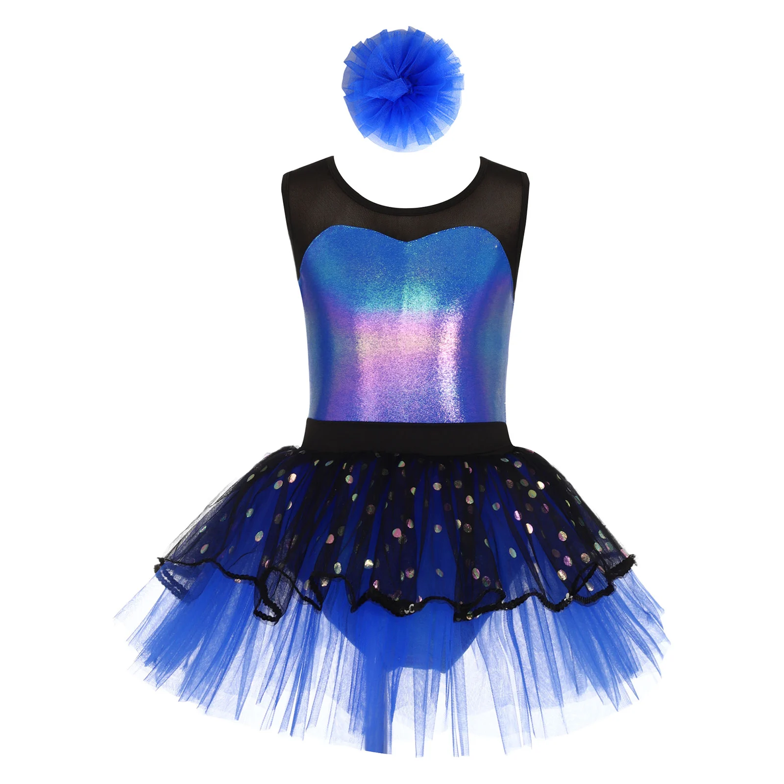 Girls Metallic Shiny Ballet Tutu Dress Sleeveless Sheer Mesh Patchwork Gymnastics Leotard with Headwear Dance Party Performance