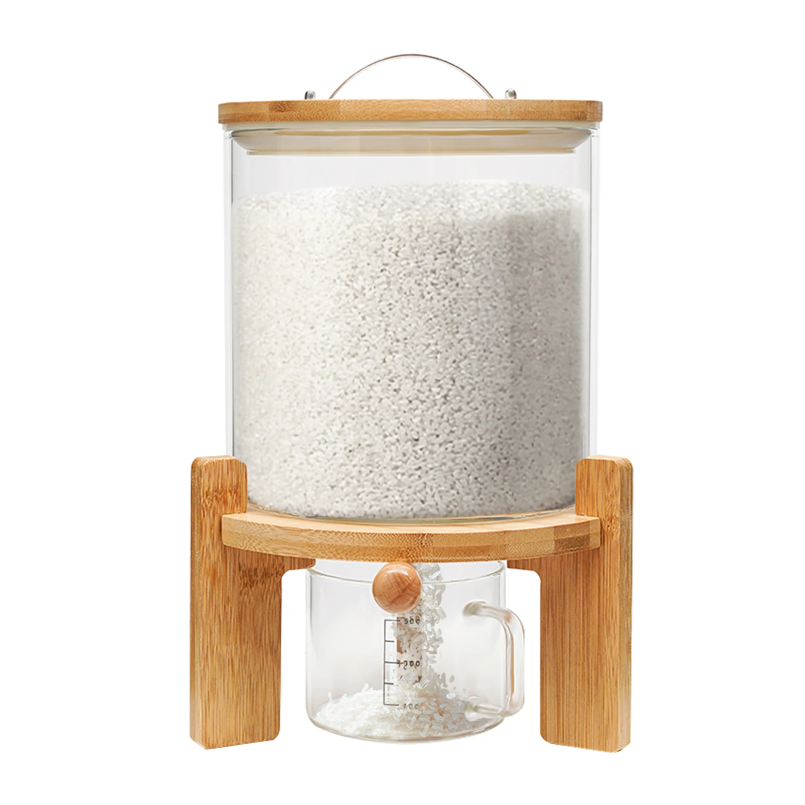 5L Glass Rice Dispenser with Airtight Lid Measuring Cup Wooden Stand Flour Cereal Creative Container for Kitchen Organization