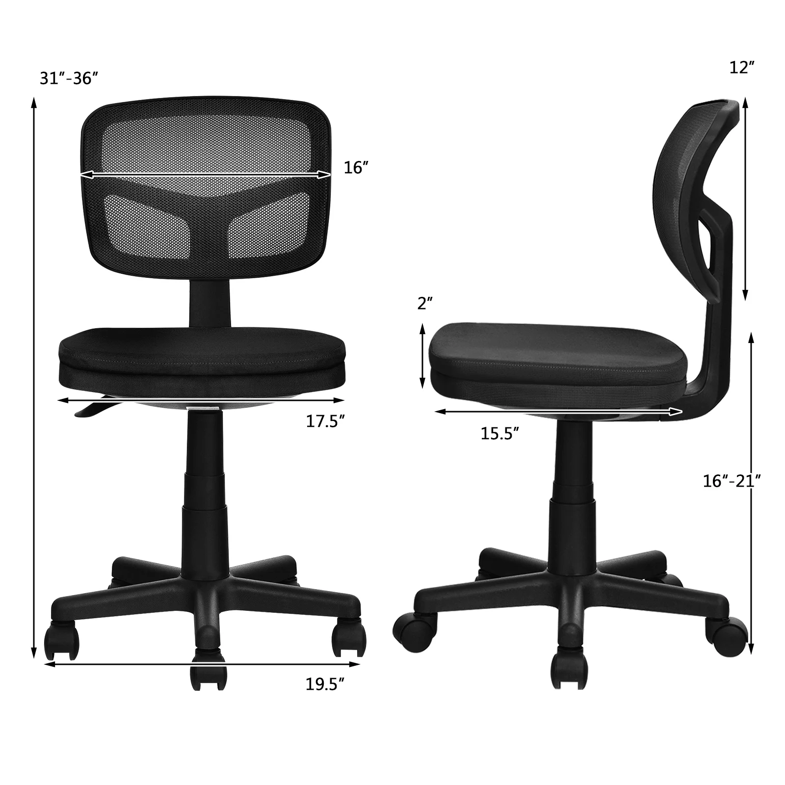 Armless Office Chair Adjustable Swivel Computer Mesh Desk Chair Black