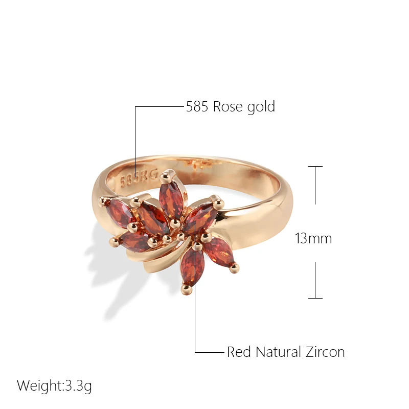 Kinel New Red Natural Zircon Flower Ring for Women 585 Rose Gold Ethnic Bride Rings High Quality Daily Fine Vintage Jewelry