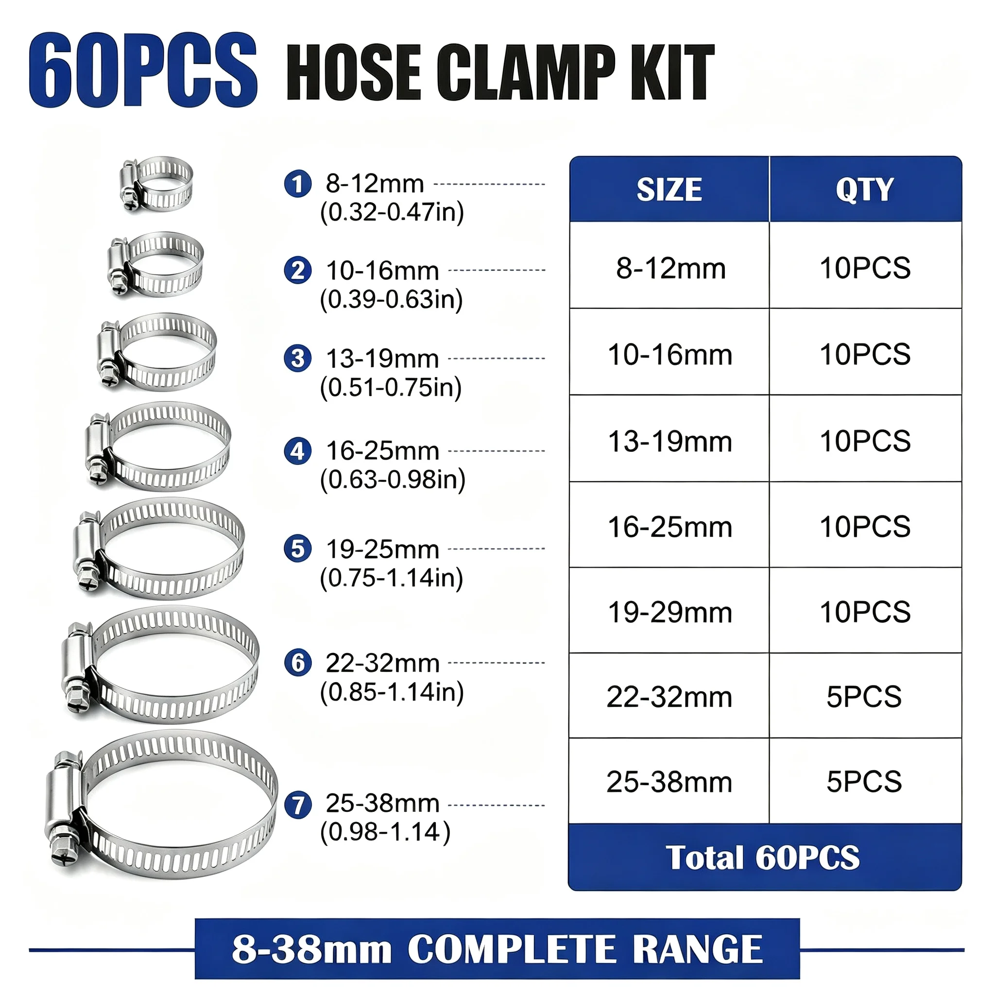 60pcs 8-38mm Stainless Steel Hose Clamp Kit Adjustable Worm Gear Screw Band Clamps for Pipe Fuel Tube Auto Plumbing