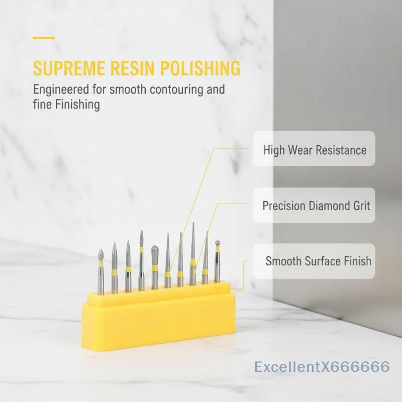 Laboratory Diamond Burs Extra Fine Yellow Ring 10Pcs FG1.6mm Shank Polishing Set for Professional Dental Use