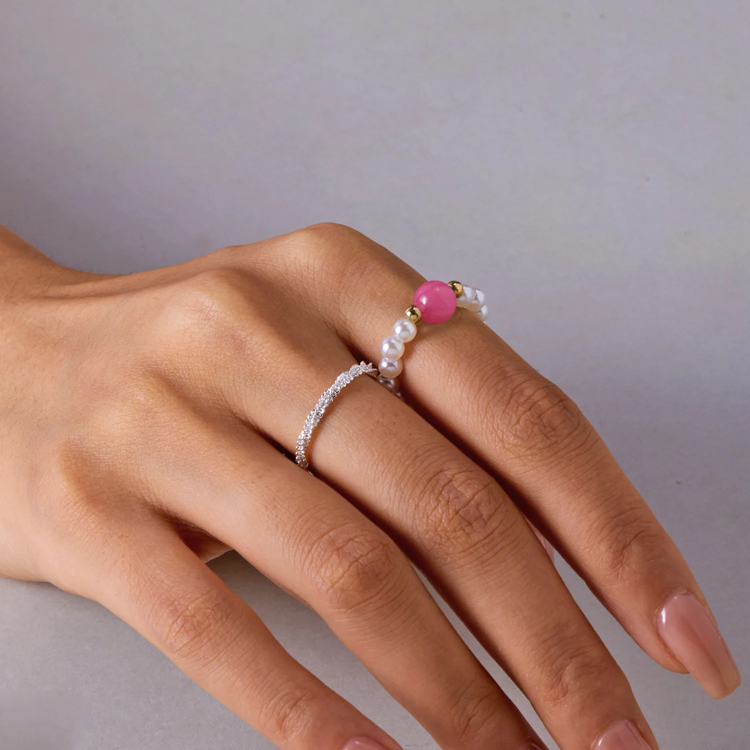 2Pcs White Round Imitation Pearl Beaded Sparkling Rings Set Women Girls Korean Fashion Knuckle Finger Ring Aesthetic Jewelry