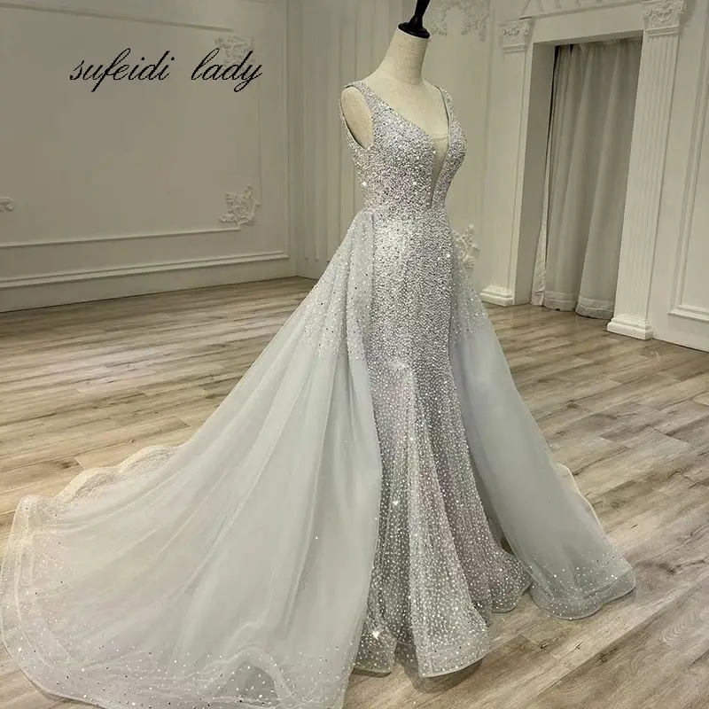 Vestidos de novia elegantes de sirena, vestidos de novia de encaje completo, tren desmontable, vestidos de novia