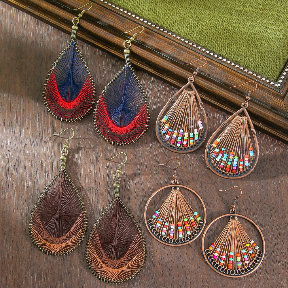 مجموعة أقراط بوهو كلاسيكية مصنوعة يدويًا، أقراط مطرزة على شكل دمعة دائرية هندسية مثالية للحفلات والارتداء اليومي والتنقل في العطلات