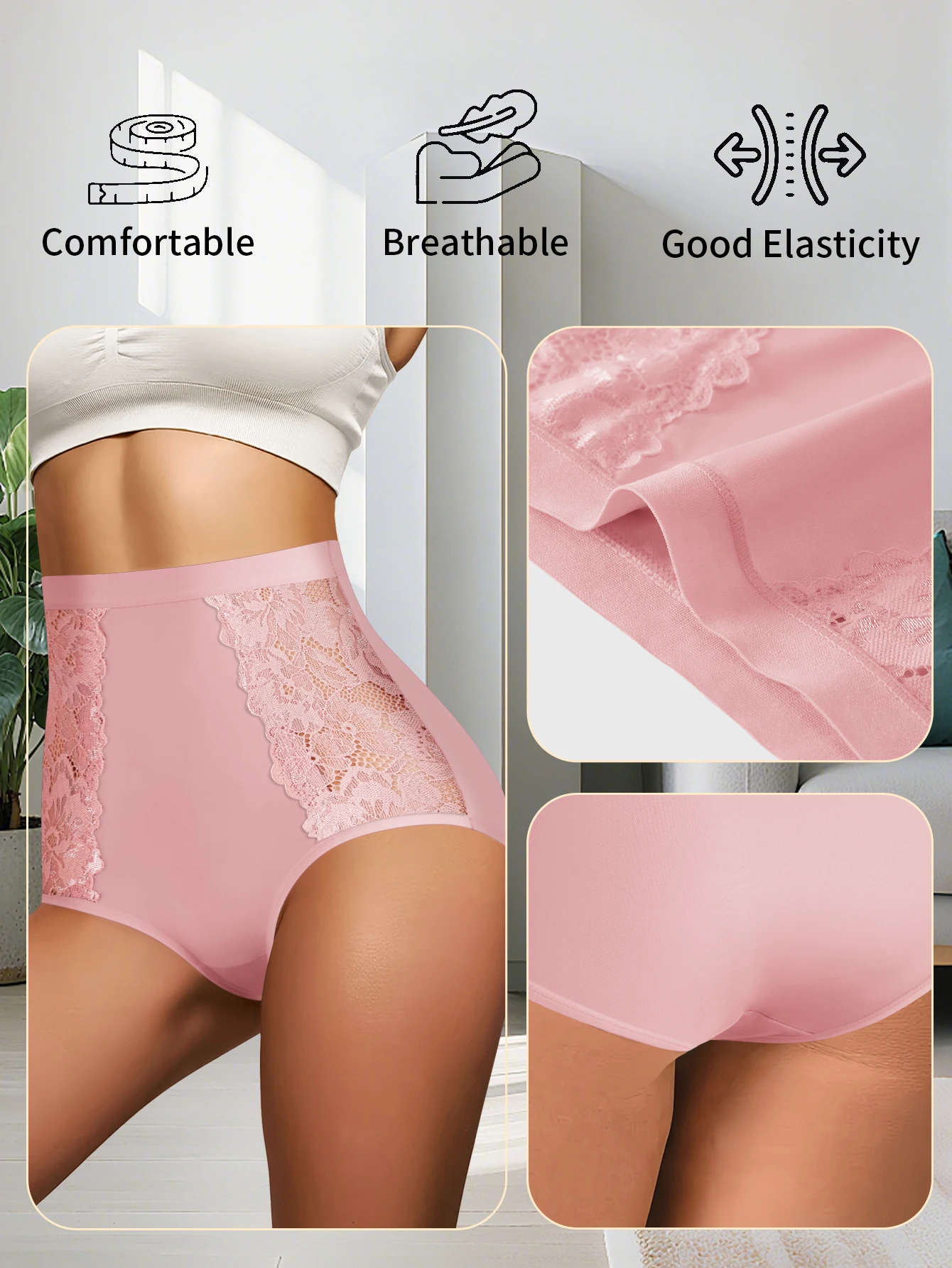 6Pcs/Set Sexy Lace Floral Underwear Women's Sexy Hollow Solid Color Underwear Women's High Waist Breathable Underwear