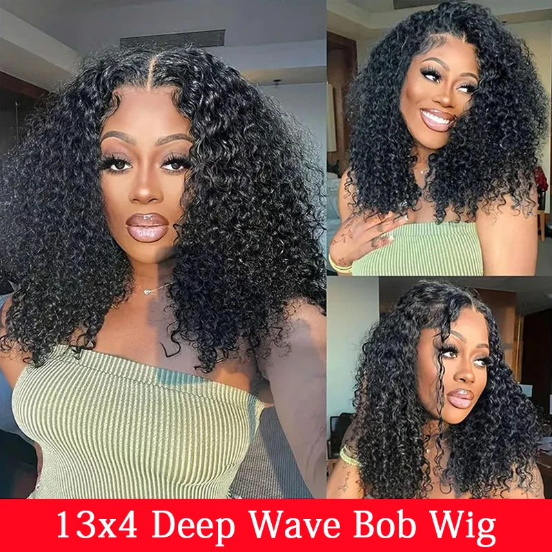 딥 웨이브 밥 가발 인모 13x4 짧은 곱슬 밥 가발 14인치 워터 웨이브 가발 13x6 투명 레이스 프론트 인모 가발